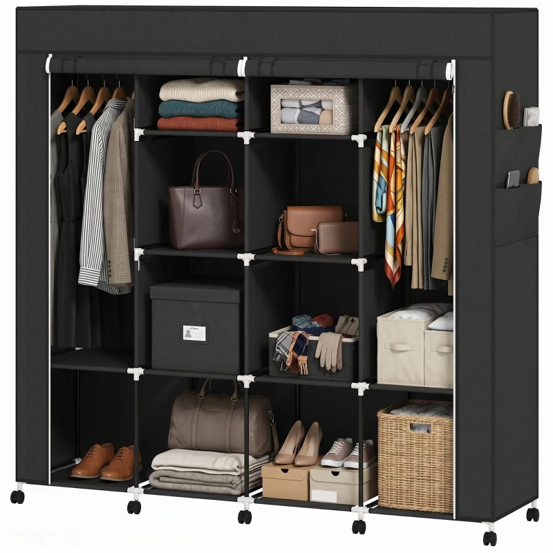 Fabric Wardrobe with Steel Frame, 2 Hanging Bars & 10 Compartments, Dust Cover, Roll-Up Doors, Mobile (10 Casters), 65.4 x 16.7 x 65.7 in (Black)