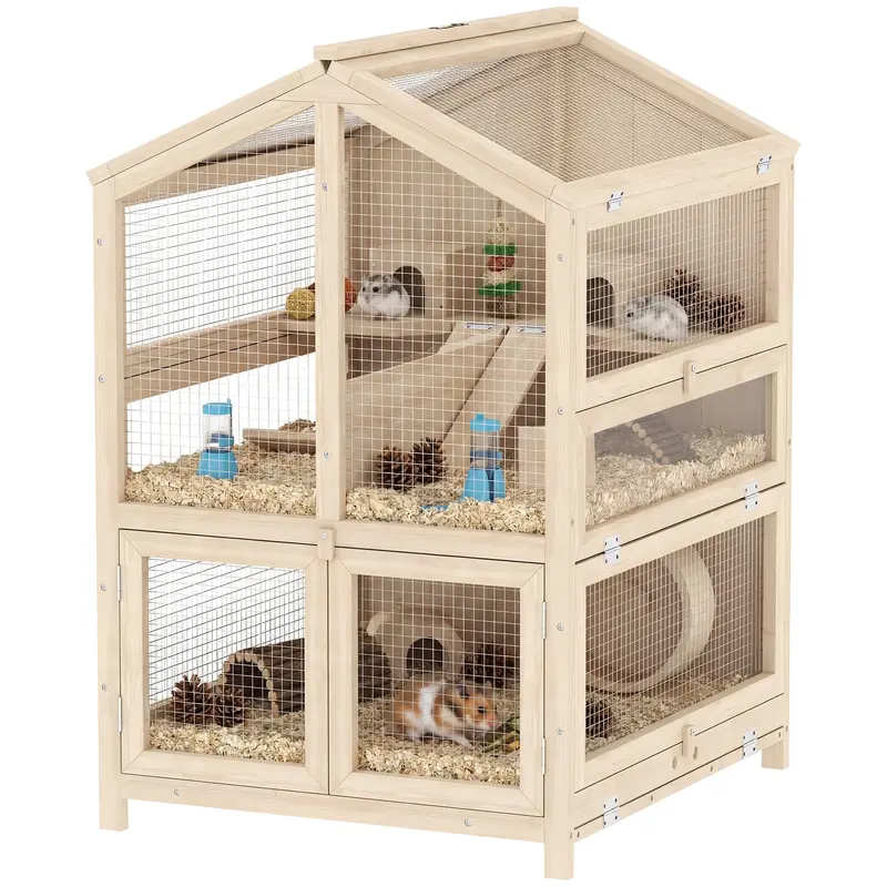 3-Level Fir Wood Hamster Cage with Ramps, Platforms, Nests & Removable ABS Tray — 26.8 × 24.2 × 35.4 in (68 × 61.5 × 90 cm), Natural