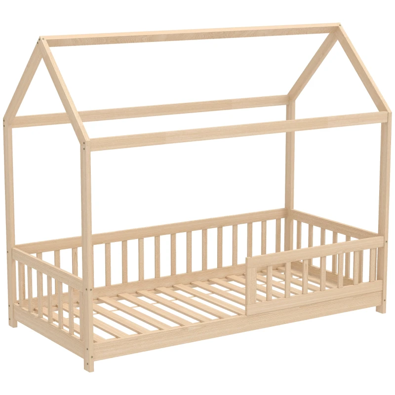 Montessori House-Style Kids Bed, 90 x 190 cm (35.4" x 74.8"), Pine Frame with 15 Slats & Safety Rails — Natural Wood