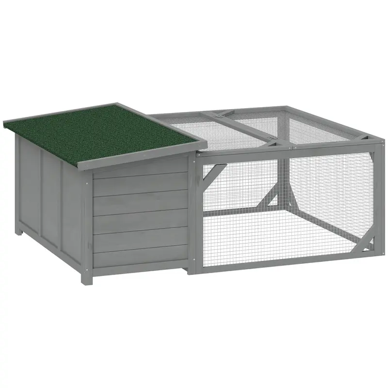 Wooden Rabbit Hutch with Run, 125.5 x 100 x 49 cm – Lift-Top Asphalt Roof, Doors, Outdoor Hutch for Rabbits & Guinea Pigs, Gray