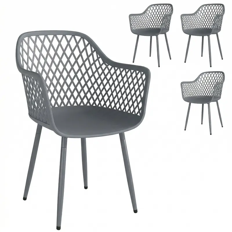 4-Pack Garden Chairs — UV-Resistant Plastic with Armrests & Backrest, Powder-Coated Metal Legs, 120 kg Capacity, Dark Gray