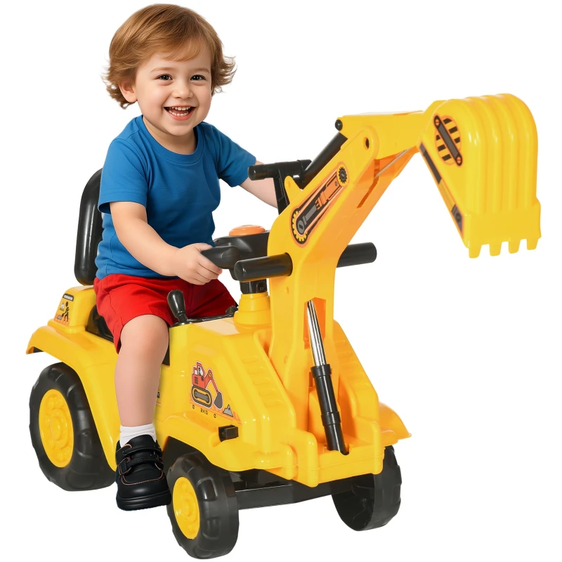 Ride-On Excavator for Kids with Scoop & Under-Seat Storage, PP/ABS Toy Digger with Horn & Steering Wheel, 18–48 Months, 87 x 28 x 58 cm (34.3 x 11.0 x 22.8 in), Yellow