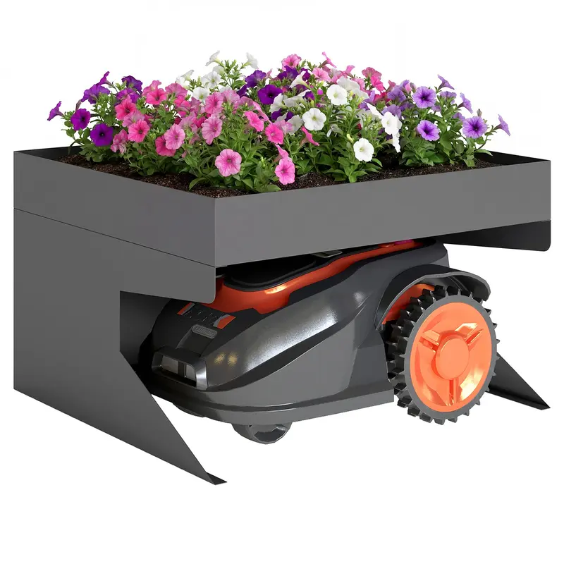Robot Mower Garage, Galvanized Steel, 75 x 70 x 46 cm (29.5 x 27.6 x 18.1 in) with Planter – Black