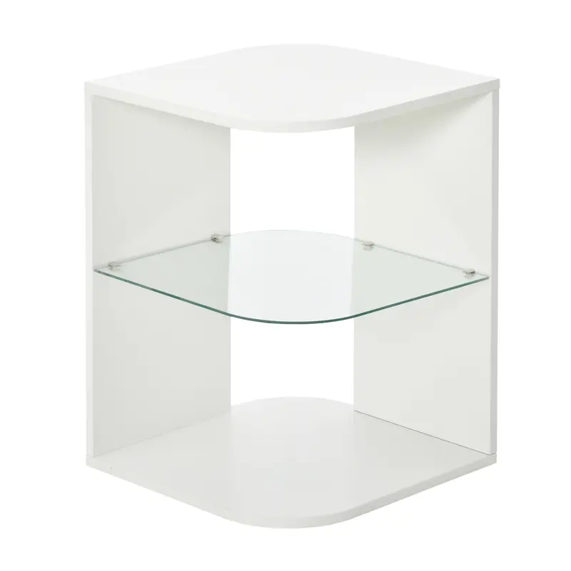 Modern Living Room Side Table Bedside Table with 3 Shelves Glass Top Coffee Table for Living Room Bedroom 40x40x56 cm White