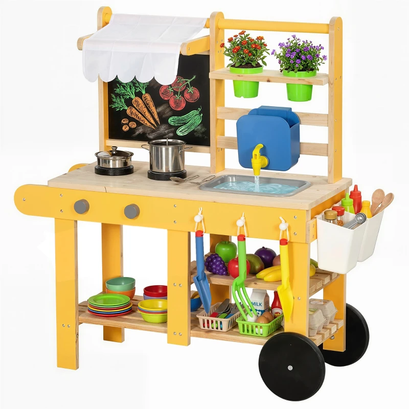 Outdoor Wooden Play Kitchen on Wheels with Real Water Sink, Stovetops, Shelves, Pots, Chalkboard & 15 Accessories — 33.1 x 13.5 x 35.4 in, Yellow