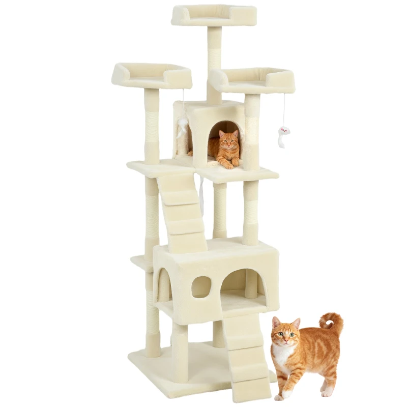 60" Multi-Level Cat Tree — 2 Caves, 3 Beds, 2 Ramps, Sisal Posts, Hanging Mice — Cream