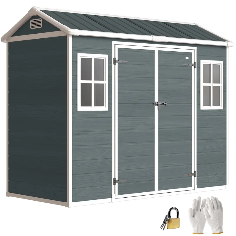 30 sq ft Wood-Effect Plastic Garden Shed — 244 × 131 × 201 cm (8'0" × 4'4" × 6'7") ? Gable Roof, Double Doors, Windows, Ventilation, Floor, Lock & Gloves