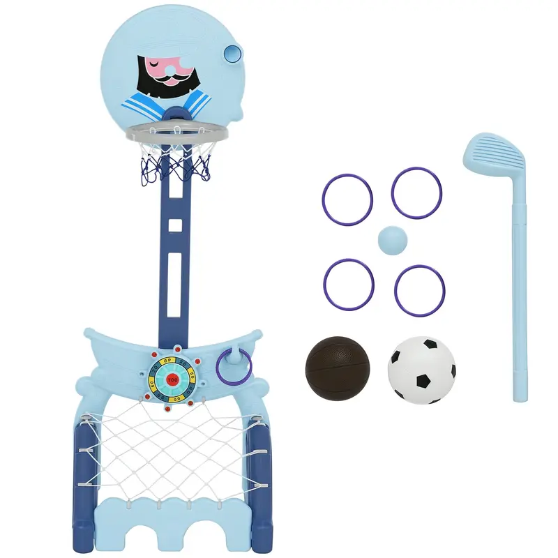 HOMCOM Toboggan de Basketball 4-en-1 avec Support, Jeu de Golf, Ballon de Football, Hauteur Réglable - Centre d'Activités pour Enfants 3+ Ans 58x56x154 cm Bleu
