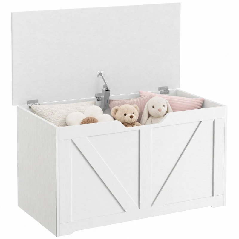 Storage Chest Bench with Safety-Hinged Lid, Rustic Style Entryway Seat, 31.5 x 15.7 x 17.7 in (80 x 40 x 45 cm), White