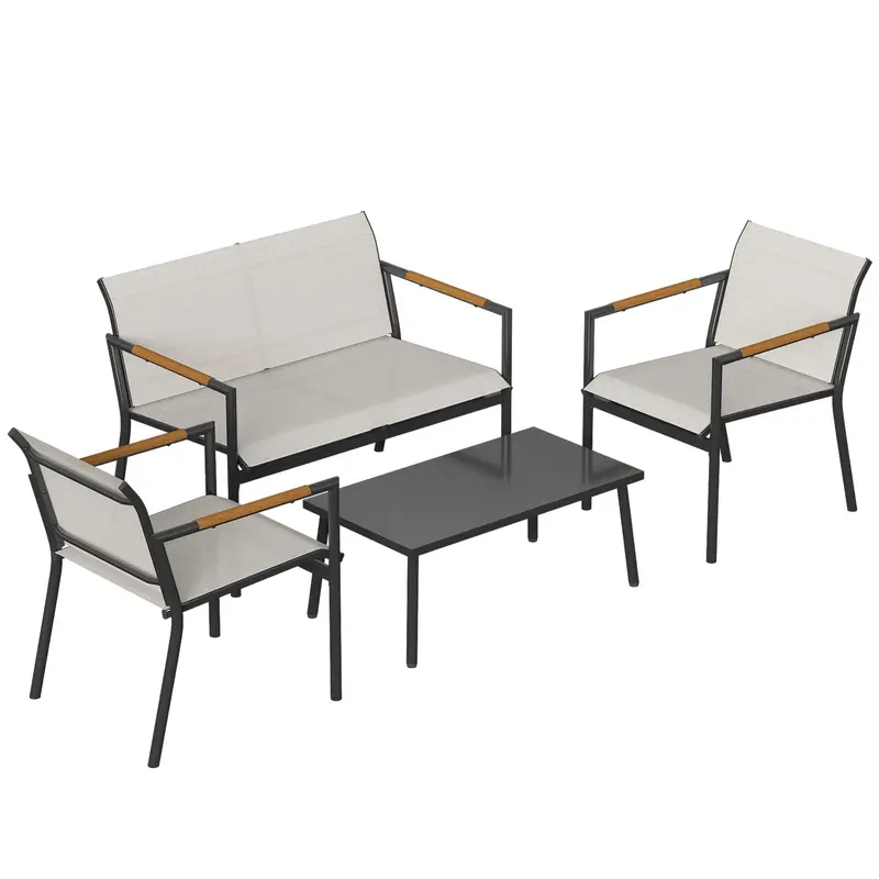 4-Piece Outdoor Patio Set — 2-Seat Sofa, 2 Armchairs & Metal-Top Table, Breathable Seats, Cream