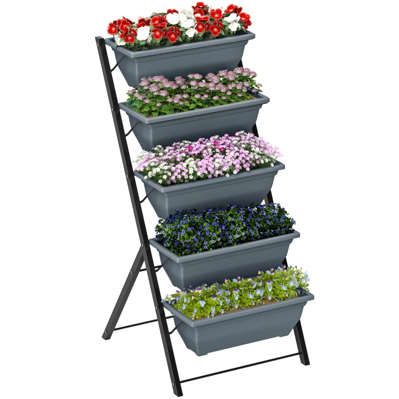 5-Tier Raised Vertical Planter with Stackable Pots, Drainage Holes & Rubber Plugs, Steel Frame — Gray