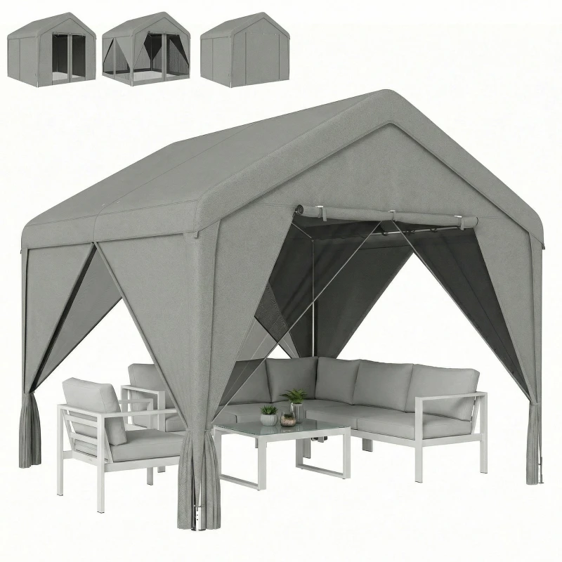 3x3 m Outdoor Garden Gazebo, Waterproof Pavilion — Galvanized Steel Frame, Double-Peak Roof, Curtains & Mosquito Net, Gray