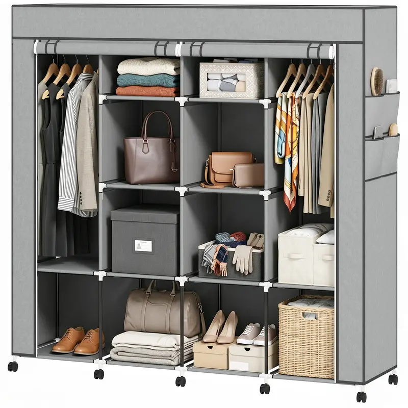Fabric Wardrobe with Hanging Rods, Shelves & Zipper Cover – Foldable Closet for Dressing Room/Bedroom, 65.4 x 16.7 x 65.7 in (Dark Gray)