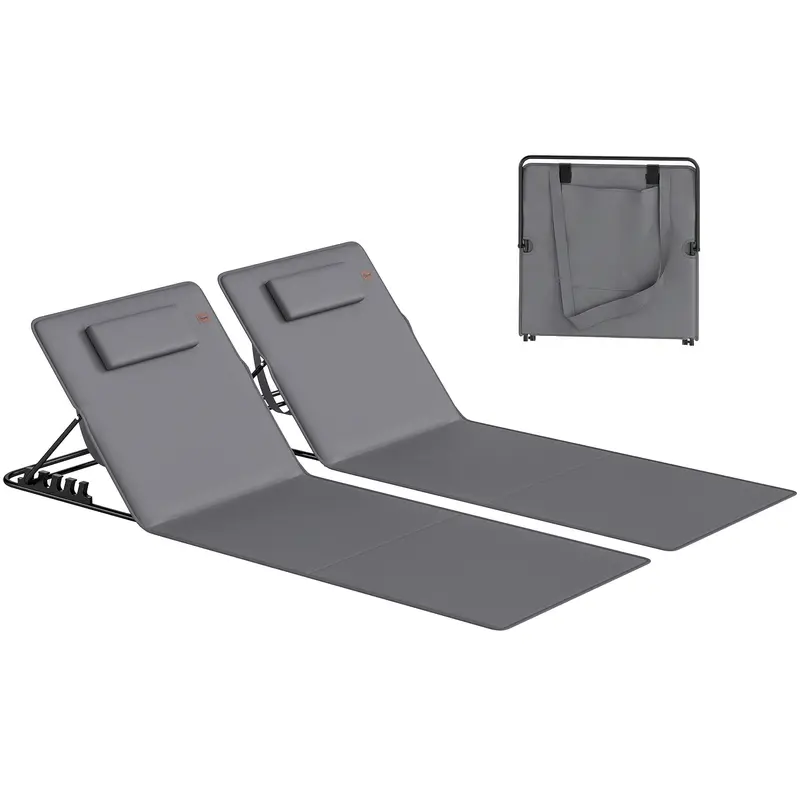 Lot de 2 transats de plage pliants Outsunny avec dossier réglable, appui-tête et sac de transport — gris foncé