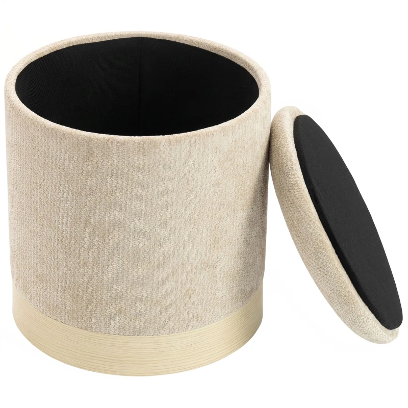 Round Chenille Storage Ottoman with Wood-Look Metal Base, 15 x 15 x 17.7 in (38 x 38 x 45 cm), Beige — Supports up to 265 lb