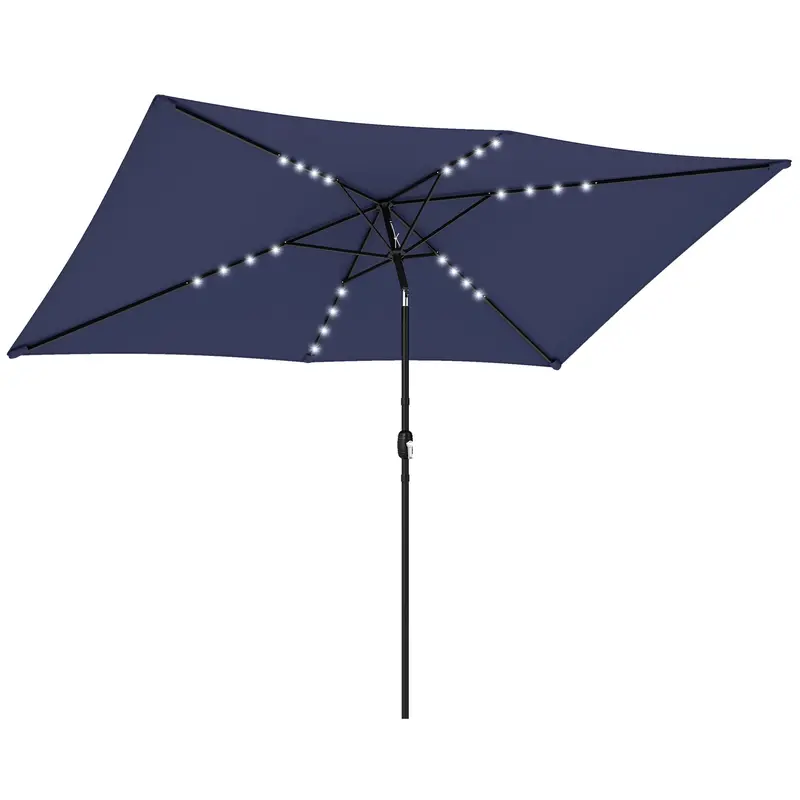 9.5' x 8.2' Outdoor Patio Umbrella – 24 Solar LED Lights, Crank & Tilt Canopy, Metal Pole, Dark Blue