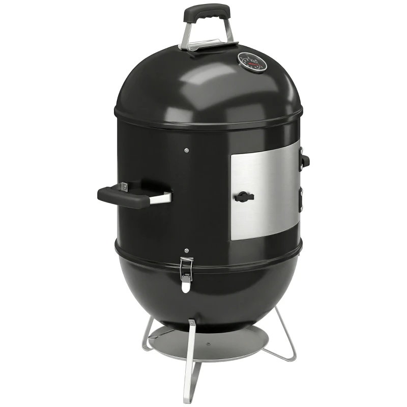 3-in-1 Smoker with 3 Cooking Grates (17.3 in), Built-in Thermometer, Adjustable Vents, Removable Lid, Insulated Handle — Charcoal Grill for Camping, Parties & Picnics, Black