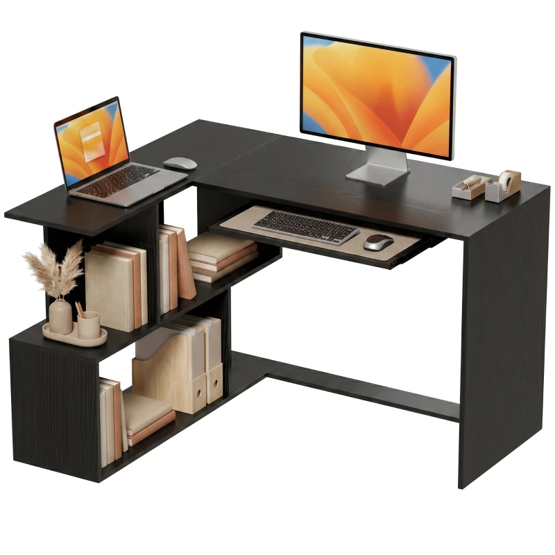 L-Shaped Corner Desk, 47.2 x 39.4 x 29.9 in (120 x 100 x 76 cm) - Computer Desk with Keyboard Tray, 4 Open Compartments, Modern Style, Home/Bedroom/Small Space, Black
