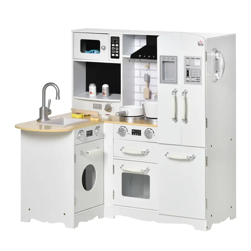 Wooden Play Kitchen for Kids 3+ Years with Sounds 14 Accessories Kids Kitchen with Phone Removable Sink Microwave and Faucet 82x65x87 cm White