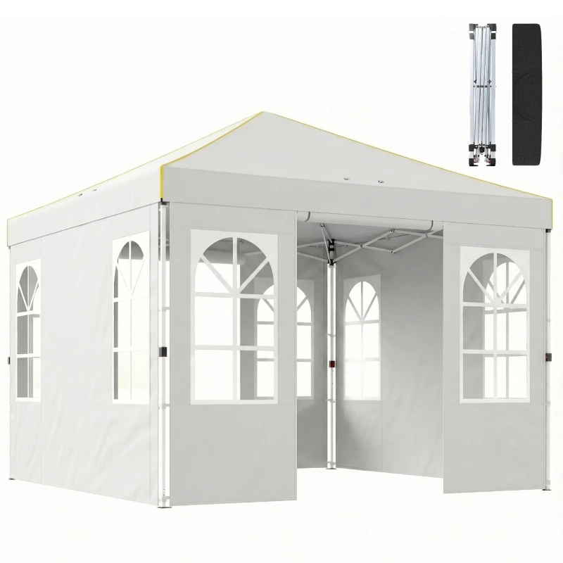 3 x 3 m (10' x 10') Pop-Up Canopy with 4 Removable Side Panels, UPF 50+, Adjustable Height, Central Lock, Carry Bag & Sandbags, White