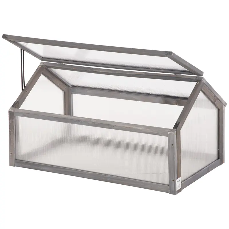 Serre Miniature en Bois Outsunny 90 x 52 x 49,5 cm, Serre avec Housse, Châssis Froid Transparent, Lit Élevé Hiverné pour Jardin et Balcon, Gris