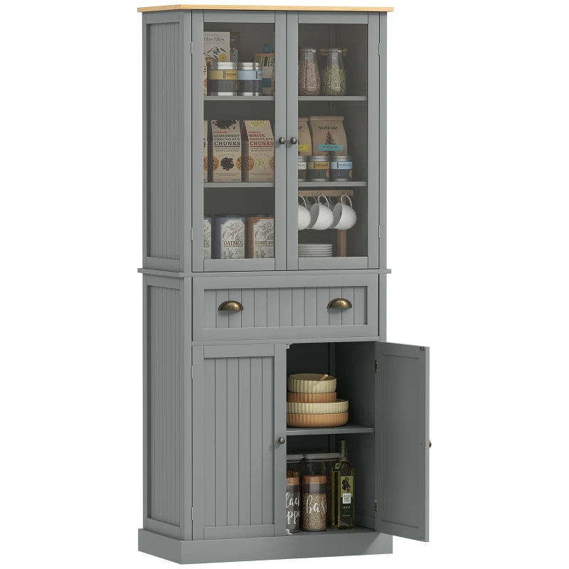 Kitchen Sideboard Storage Cabinet — 4 Doors (2 Glass) + 1 Drawer, 71.9 in (182.5 cm) Tall, Adjustable Shelves — Gray