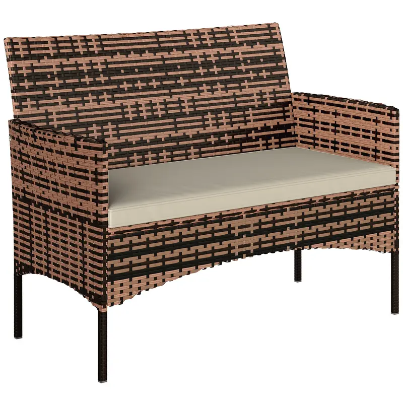 Outdoor Rattan Sofa 2 Seater Garden Loveseat with Cushions, Weather-Resistant Patio Sofa, PE Wicker Balcony Couch, Steel Frame, Khaki