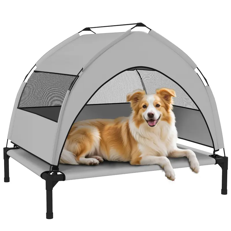 Elevated Outdoor Dog Bed with Canopy — Cooling Pet Lounger for Small to Medium Dogs, Steel Frame, Storage Bag, 30 x 24 x 24 in (Light Gray)