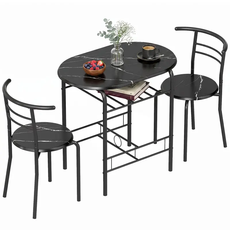 3-Piece Dining Set — 31.5" Kitchen Table with Two Chairs and Shelf, Ideal for Small Spaces, Apartment, Living/Dining Room, Black Marble Finish