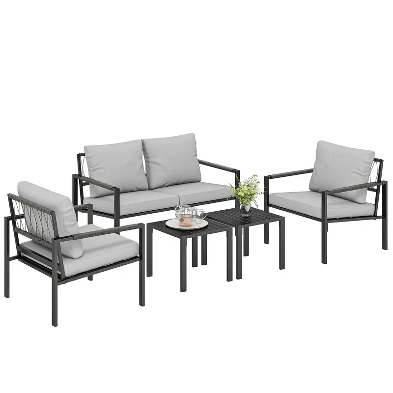 5-Piece Weather-Resistant Patio Set for 4 — 2-Seater Sofa, 2 Armchairs with Cushions, 2 Side Tables, Light Gray