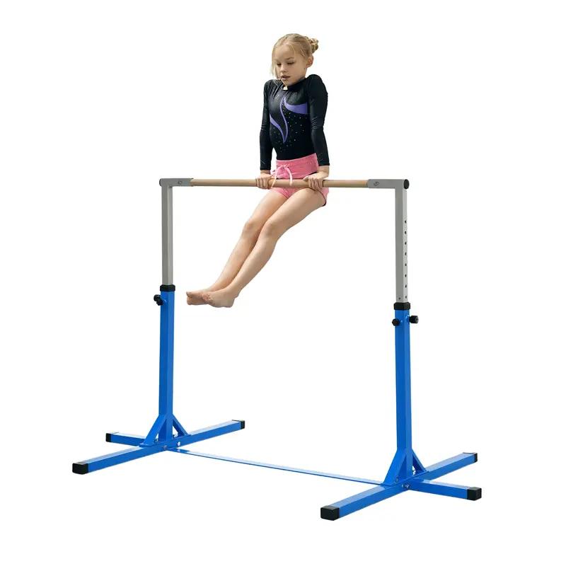 Barre Horizontale de Gymnastique HOMCOM, barre horizontale réglable en hauteur sur 13 niveaux, barre en bois avec construction en acier stable jusqu'à 75 kg de capacité de charge, pour enfants à parti