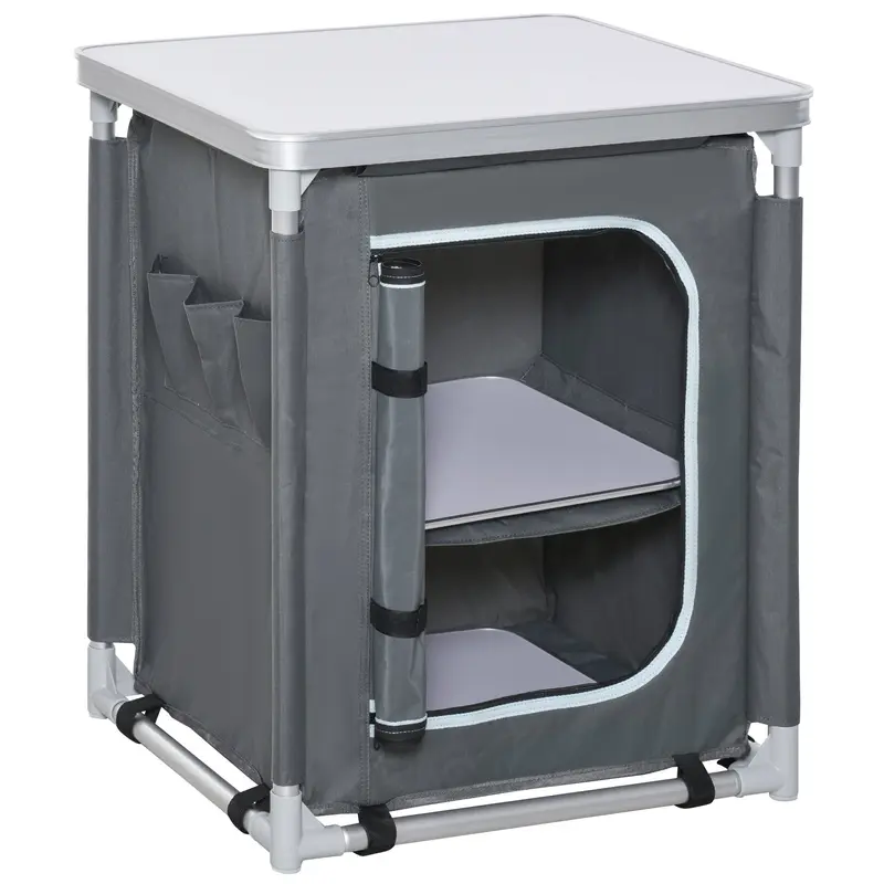 Folding Camping Kitchen Cabinet with 2 Shelves and Carry Bag, Aluminum and Oxford Fabric 60x49x70 cm Gray