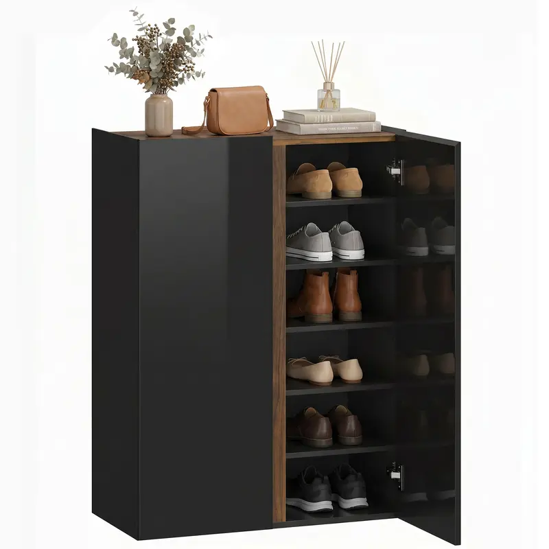Shoe Cabinet with Soft-Close Safety Doors, 6-Tier Storage for up to 18 Pairs, Handleless Design, High-Gloss Black
