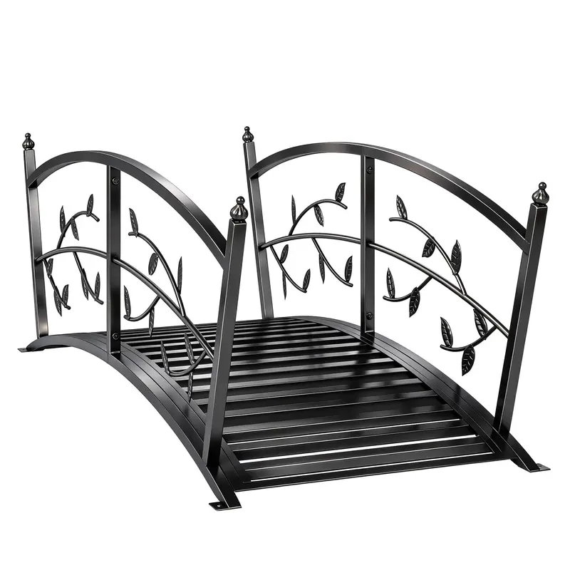 Metal Garden Bridge 120cm, Decorative Pond Bridge with Handrails, Vine Leaf Design, Powder-Coated Steel, Black