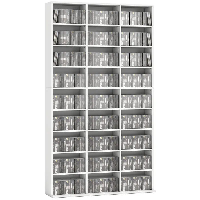 CD/DVD Shelf for 835 CDs or 500 DVDs, Blu-ray Media Shelf with 27 Compartments and 21 Adjustable Shelves, Media Tower for Living Room, Bedroom or Office, White