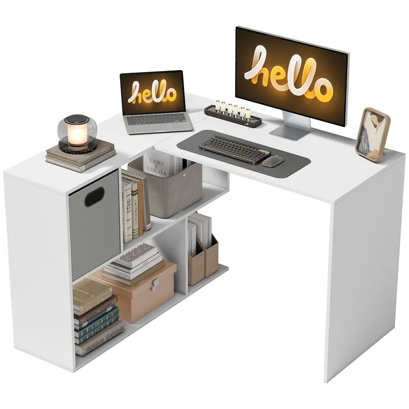 Bureau d'angle en L HOMCOM, 110 x 100 x 75 cm — Bureau informatique avec tiroir en tissu et étagères ouvertes, blanc