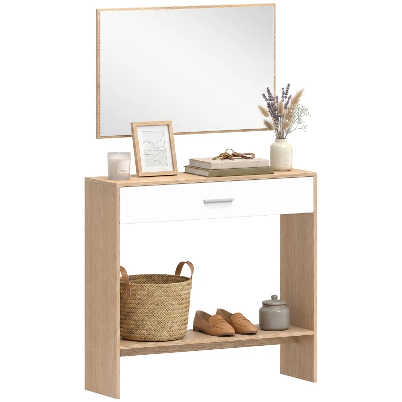 Oak Console Table with Drawer & Mirror – Narrow Entryway Organizer, 36" x 11" x 33.7"