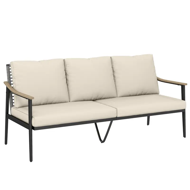 3-Seater Rattan Garden Sofa with Removable Cushions, Wood-Effect Armrests, Steel Frame, Weather-Resistant Outdoor Bench – Khaki