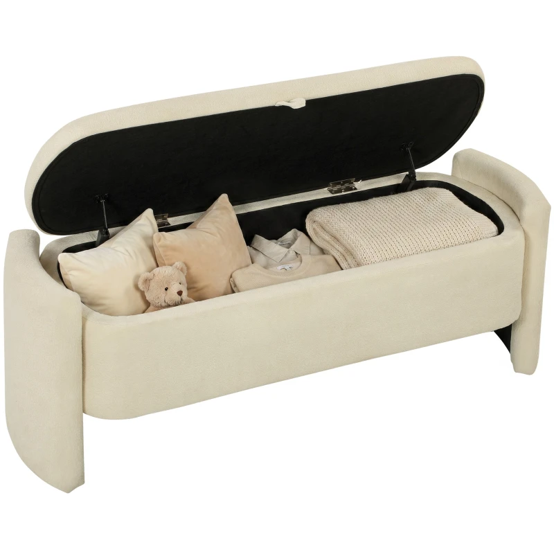 Bed-End Storage Bench, 118 x 42 x 45 cm (46.5 x 16.5 x 17.7 in) — Padded Bouclé Fabric with Eucalyptus Wood Legs, 220 kg (485 lb) Capacity, Bedroom or Entryway, Cream