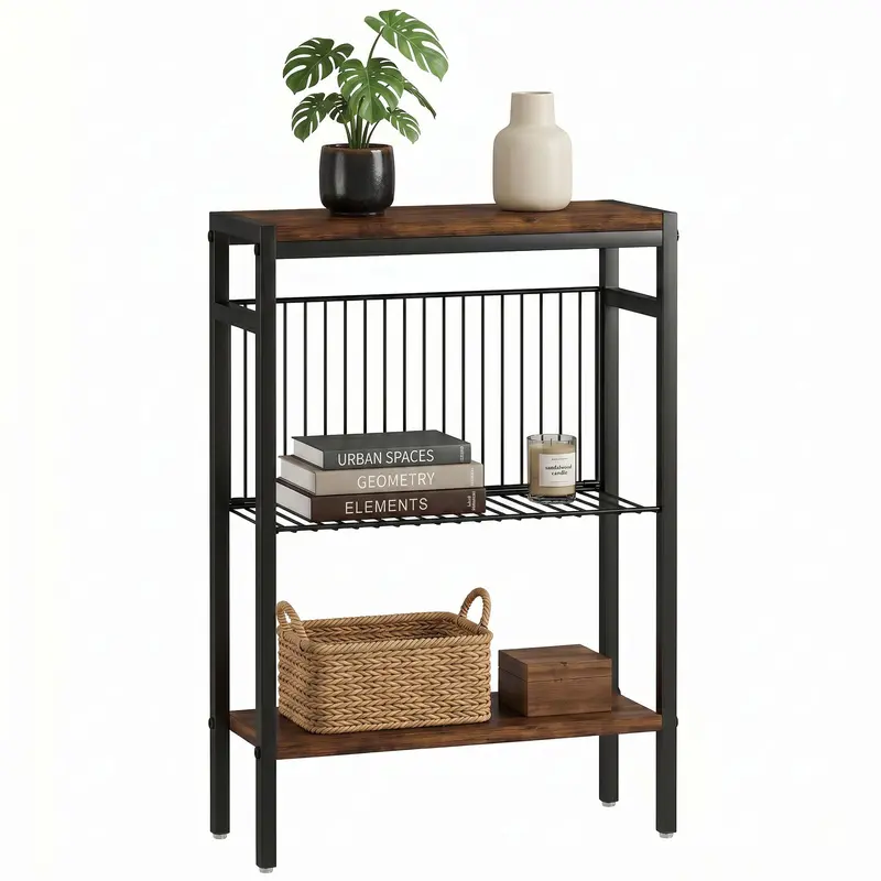 3-Shelf Side Table – Small Coffee/End Table with Metal Frame, Rustic Brown