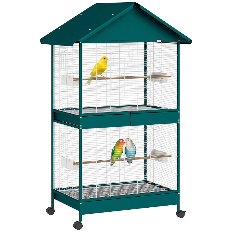 Large Rolling Bird Cage, Indoor/Outdoor, Removable Divider, 6 Feeders, 4 Perches, 2 Trays, 94 x 70 x 158 cm