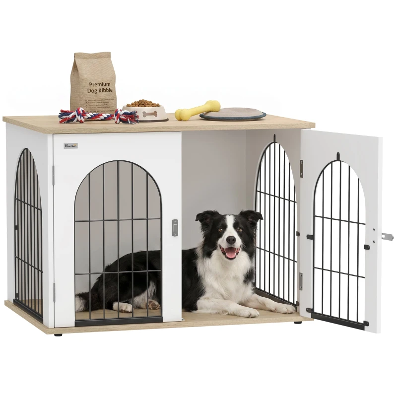 Arched Dog Crate & Console Table, Double-Door Indoor Metal Kennel for Medium Dogs (31.5" x 22" x 23.2" / White)