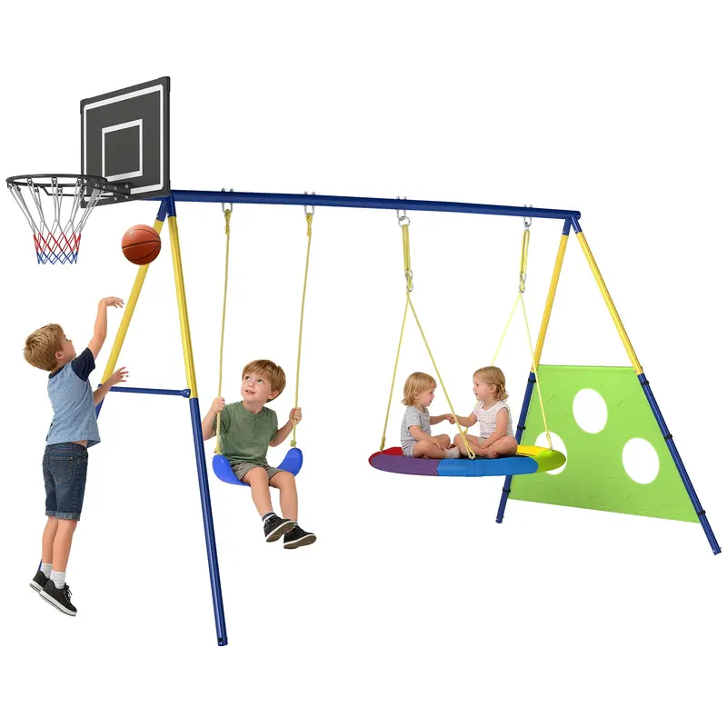 4-in-1 Kids Swing Set, Outdoor Garden Swing Frame with Nest Swing, Single Seat, Basketball Hoop, Football Goal, Adjustable Ropes & Steel A-Frame, Ages 3-8, 288 x 160 x 220 cm