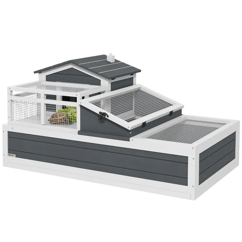 Wooden Turtle House — 2-Level Turtle Enclosure with Balcony, Hinged Roof & Pull-Out Tray, Outdoor Reptile Habitat, Gray