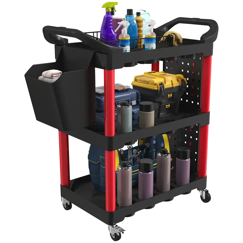 3-Tier Workshop Tool Cart with Pegboards, Hooks, Tool Bucket and Handles – Garage/Workshop Utility Trolley, 95 x 43 x 96 cm (37.4 x 16.9 x 37.8 in), Black/Red
