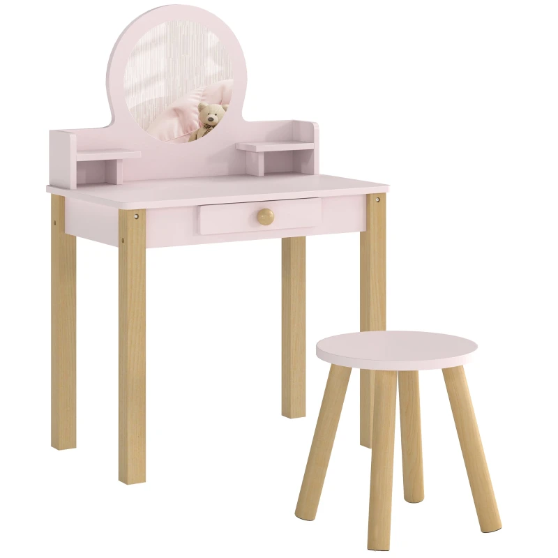 Wooden Kids' Vanity with Acrylic Mirror & Stool, Drawer & Shelf, Ages 3–6, Pink