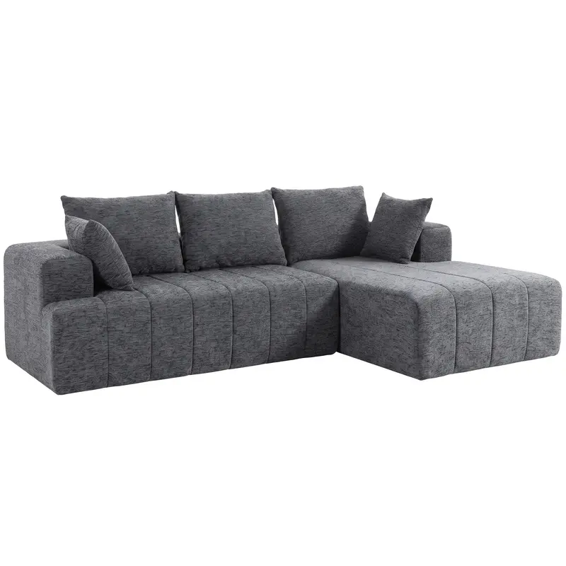 Modular L-Shaped Corner Sofa with Ottoman, Convertible Chenille 'Cloud' Sleeper, 3-Seater, Thick Pocket-Spring Cushioning, Deep Wide Seats, Wide Armrests, 2 Cushions, Gray