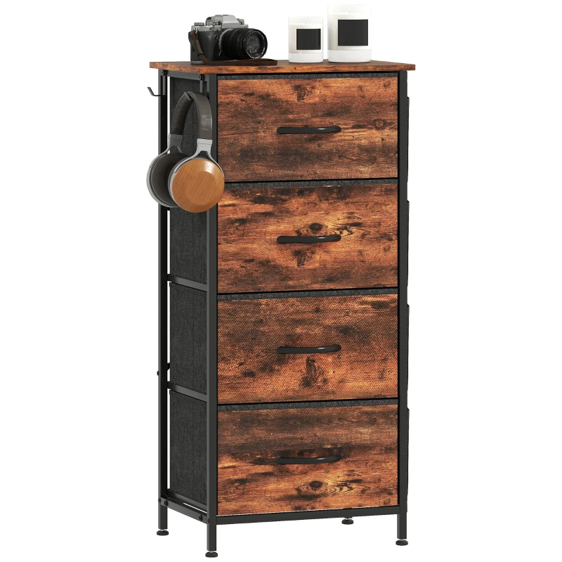 4-Drawer Fabric Dresser with 4 Side Pockets & 2 Hooks, Steel Frame Chest for Living Room/Bedroom/Entry — Rustic Brown
