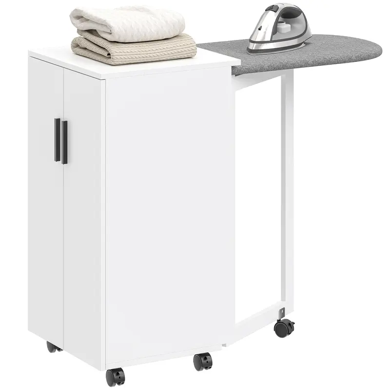 Foldable Ironing Board Cabinet with 2 Doors & Adjustable Shelves — Fold-Down Ironing Station with Storage, Soft-Close Hinges, Wheels, White (39.2 x 16.9 x 32.7 in)