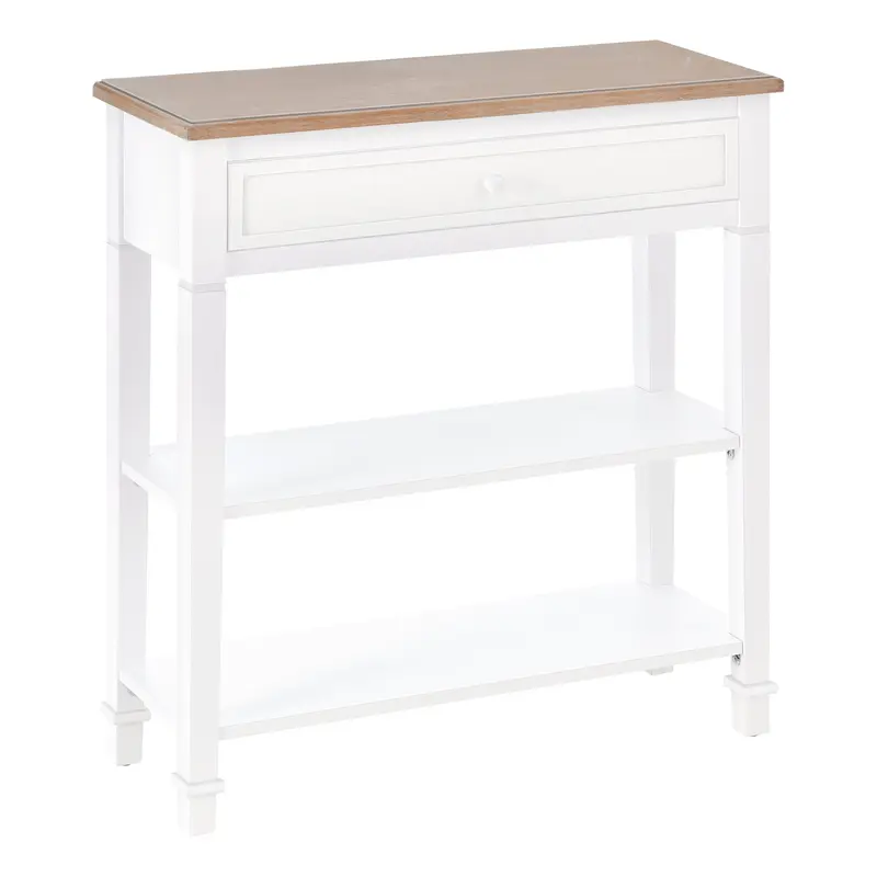 Multifunctional Console Table Side Table for Hallway Dining Room with 2 Shelves 1 Removable Drawer Retro Style Handle Pine 75.6x27.5x80.5 cm Natural Wood White